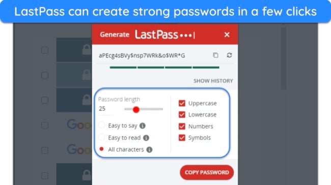 Screenshot of LastPass' password generator creating a strong password