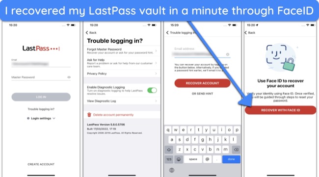 Screenshot of recovering LastPass vault through FaceID after forgetting master password
