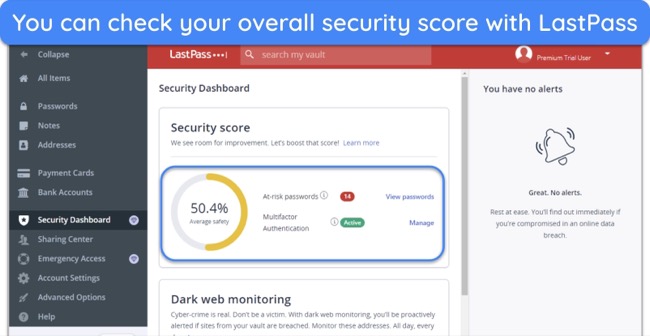 Screenshot of LastPass showing overall security score and at-risk passwords
