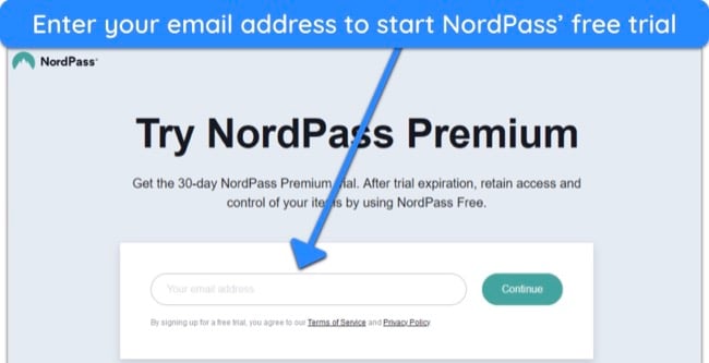 Screenshot of entering email address to start NordPass' free trial