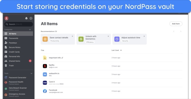 Screenshot of NordPass' main dashboard showing 'All Items'