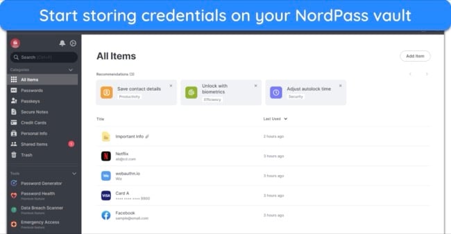 Screenshot of NordPass' main dashboard showing 'All Items'