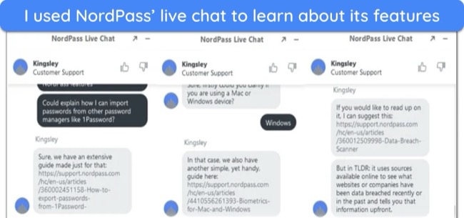 Screenshot of NordPass' live chat support agent giving prompt and helpful replies