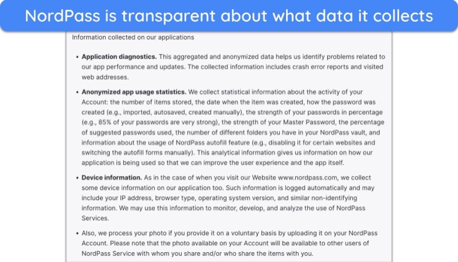 Screenshot of NordPass' privacy policy showing what little data it collects