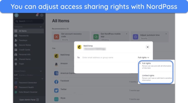 Screenshot of how to share passwords on NordPass and select limited or full rights