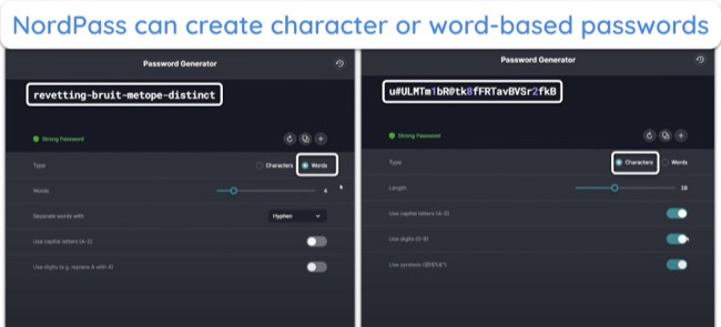 Screenshot of sample passwords generated in words and characters by NordPass