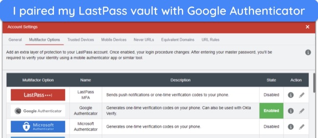 Screenshot of enabling two-factor authentication on LastPass via Google Authenticator