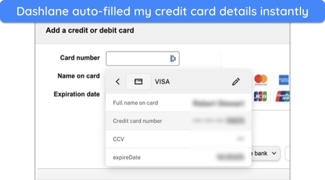 Screenshot of Dashlane autofilling credit card details online