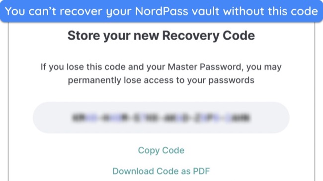 Screenshot of NordPass' recovery code when setting up a new vault