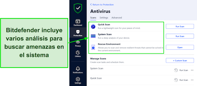 Captura de pantalla de una revisión de Bitdefender que muestra las opciones de análisis disponibles y proporciona una amplia gama de opciones de análisis para que los usuarios garanticen una seguridad completa del sistema.