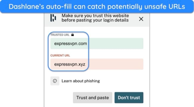 Screenshot of Dashlane's auto-fill asking whether a URL is trusted