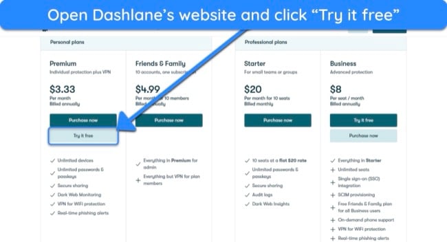 Screenshot showing how to choose a Dashlane plan