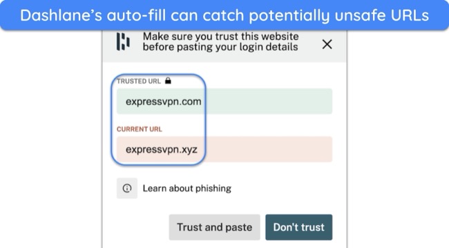 Screenshot of Dashlane's auto-fill asking if a website is trusted