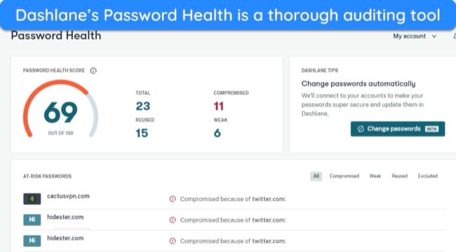 Screenshot of Dashlane's Password Health auditing feature