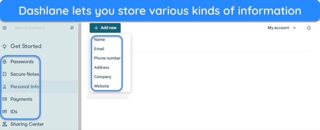 Screenshot of the types of data you can store in Dashlane's vault