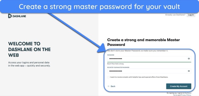 Screenshot showing how to set up a master password for Dashlane's vault