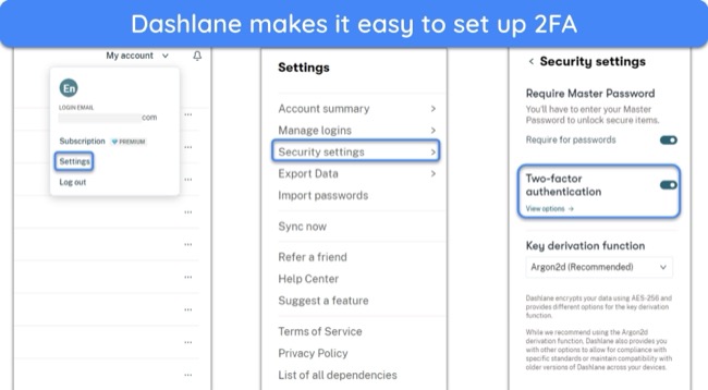 Screenshot showing how to set up 2FA in Dashlane