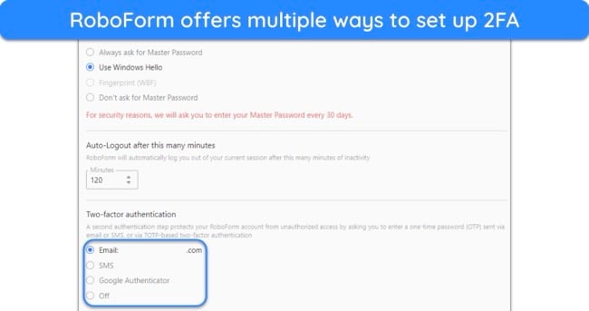 Screenshot of RoboForm's two-factor authentication options