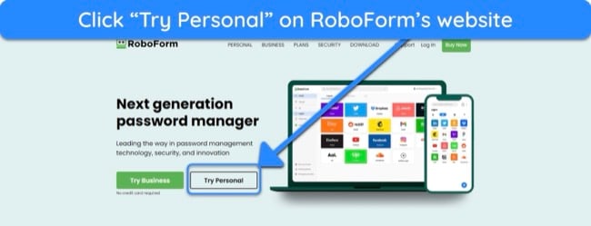 Screenshot showing how to start the free trial for RoboForm's Personal plan