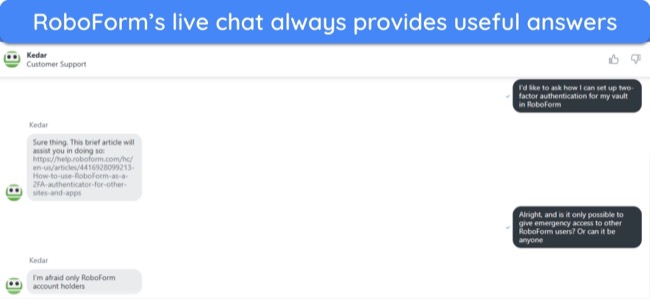 Screenshot of a conversation with RoboForm's live chat support