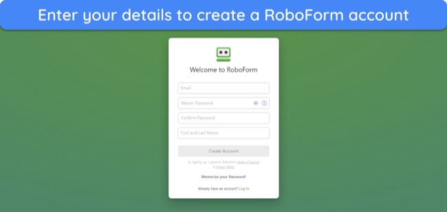 Screenshot showing RoboForm's sign-up form