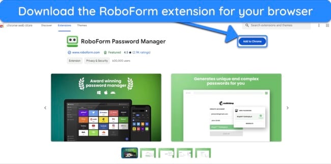 Screenshot showing how to install RoboForm's extension onto your browser