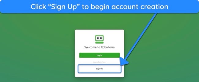 Screenshot showing how to begin RoboForm's account creation