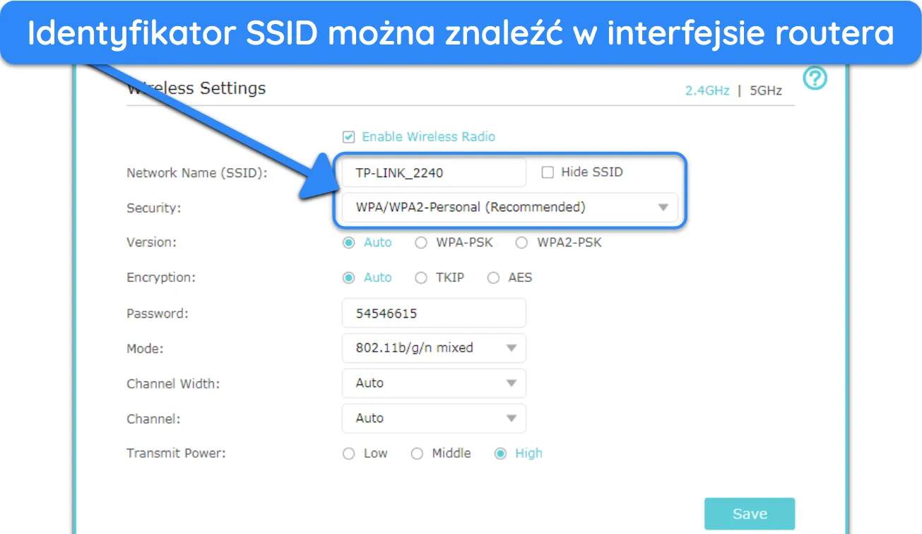Zrzut ekranu pokazujący, jak znaleźć SSID sieci z interfejsu routera.