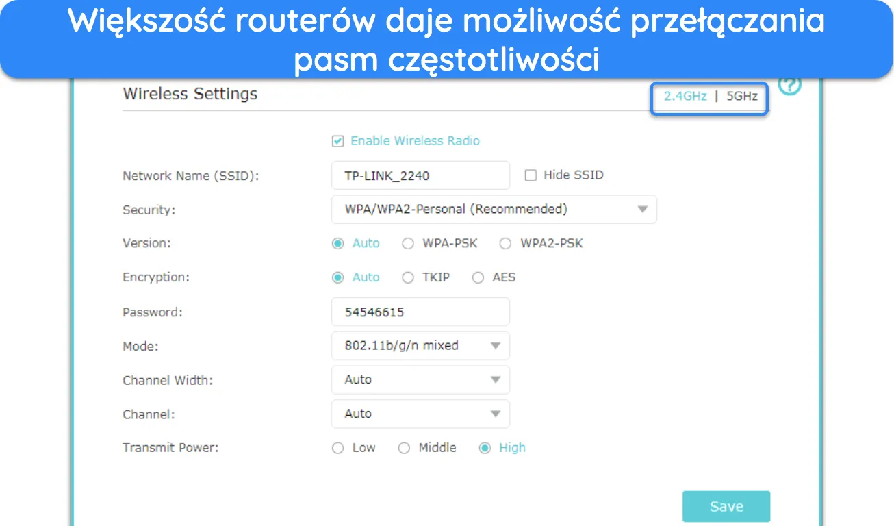 Zrzut ekranu pasma częstotliwości routera.