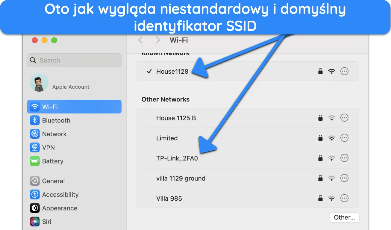 Zrzut ekranu domyślnego i niestandardowego SSID.