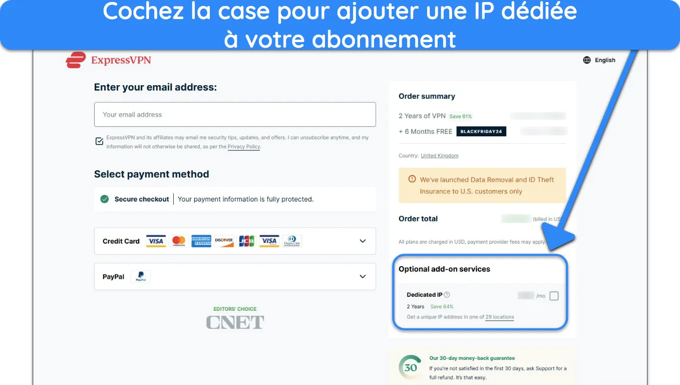 image de la page de paiement de l'abonnement d'ExpressVPN, mettant en &eacute;vidence l'option permettant d'ajouter la fonctionnalit&eacute; IP d&eacute;di&eacute;e.