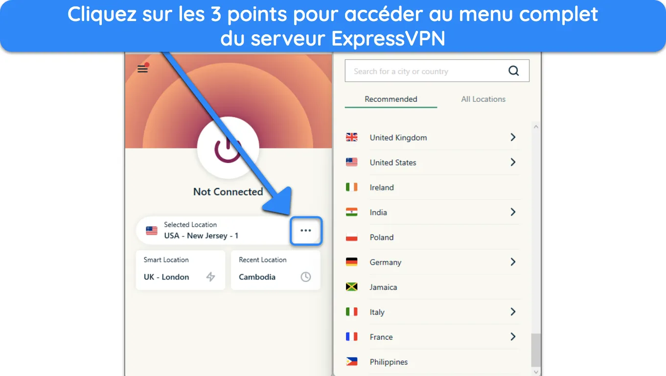 image de l'application Windows d'ExpressVPN avec le bouton du menu du serveur à 3 points en surbrillance et le menu du serveur recommandé visible.
