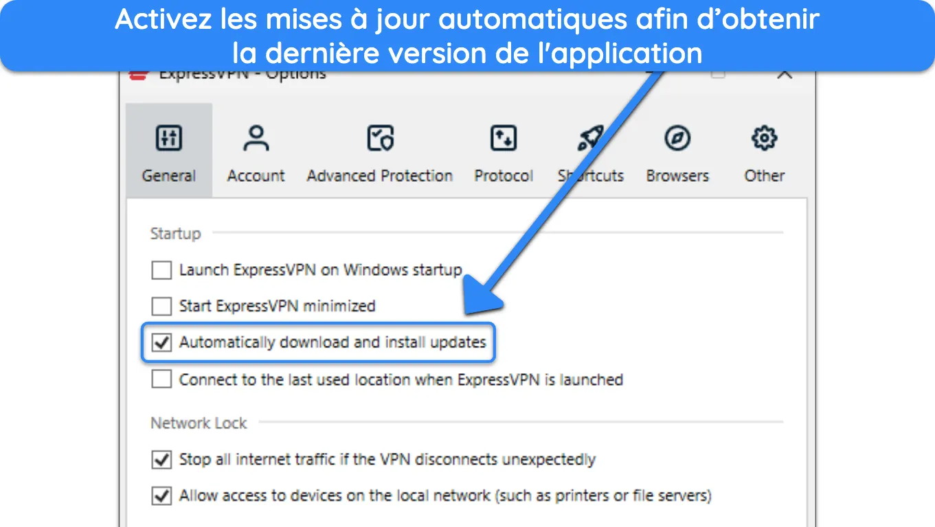 image du menu des options d'ExpressVPN, mettant en évidence l'option « Télécharger et installer automatiquement les mises à jour ».