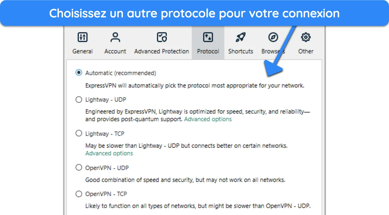 image des options de protocole d'ExpressVPN, montrant les différents protocoles disponibles.