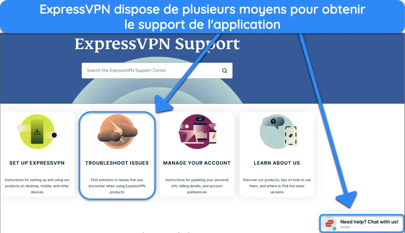 capture d'écran du site Web d'assistance d'ExpressVPN, mettant en évidence les problèmes de dépannage et l'option de chat en direct.