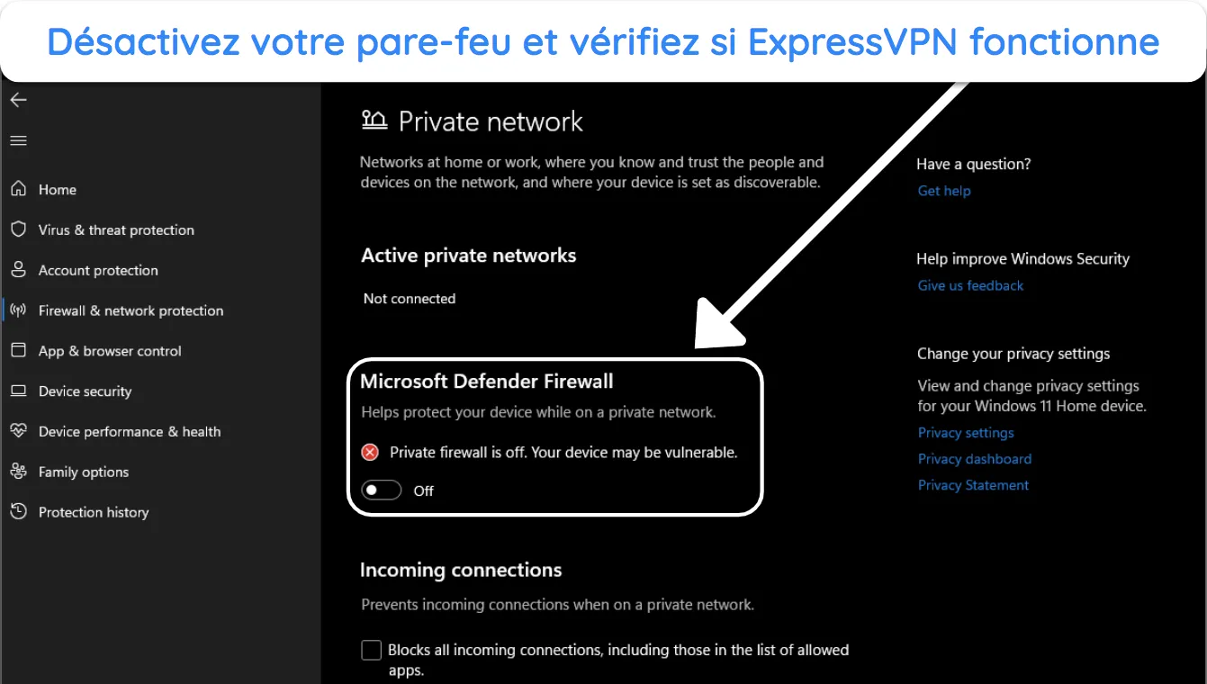 capture d'écran des paramètres de sécurité Windows dans le menu Pare-feu et protection réseau, montrant que le pare-feu Microsoft Defender a été désactivé.