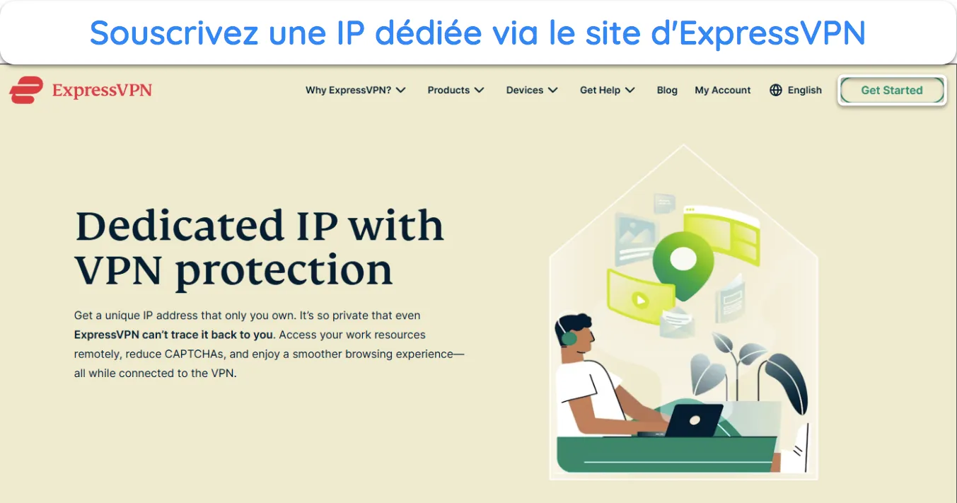 image du site Web d'ExpressVPN montrant la page d&eacute;taillant sa fonctionnalit&eacute; IP d&eacute;di&eacute;e.