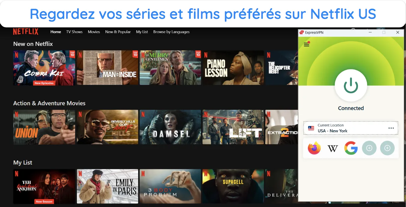 Capture d'&eacute;cran montrant la biblioth&egrave;que Netflix US ouverte lors de la connexion &agrave; un serveur ExpressVPN aux &Eacute;tats-Unis.