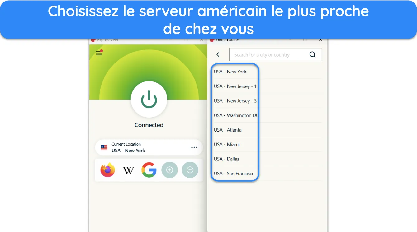 Capture d'&eacute;cran montrant comment choisir un serveur ExpressVPN aux &Eacute;tats-Unis.