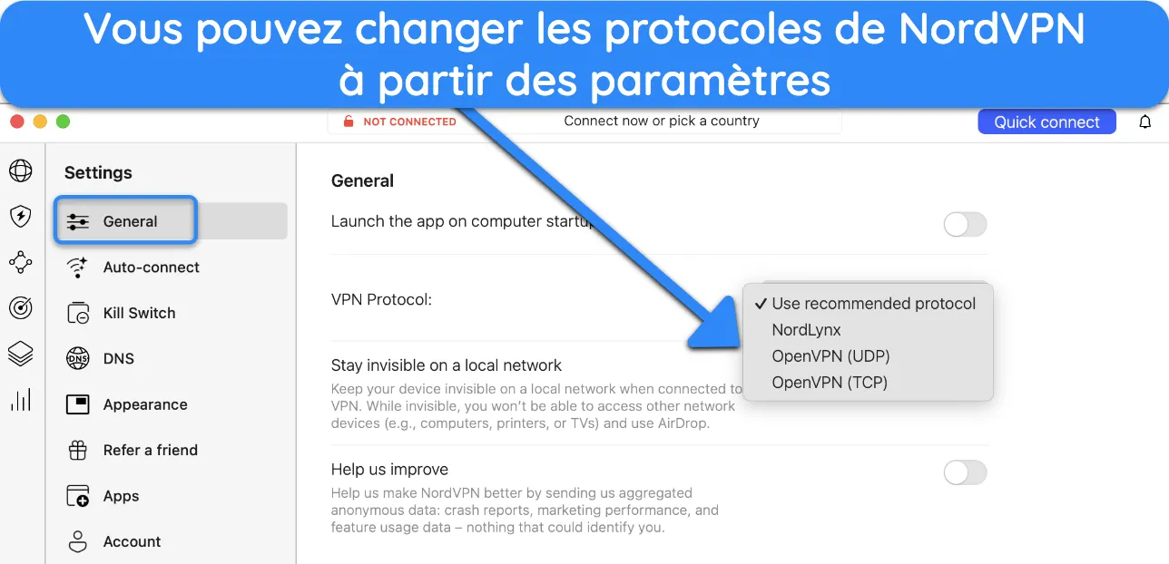 Capture d'&eacute;cran montrant comment modifier les protocoles de NordVPN.