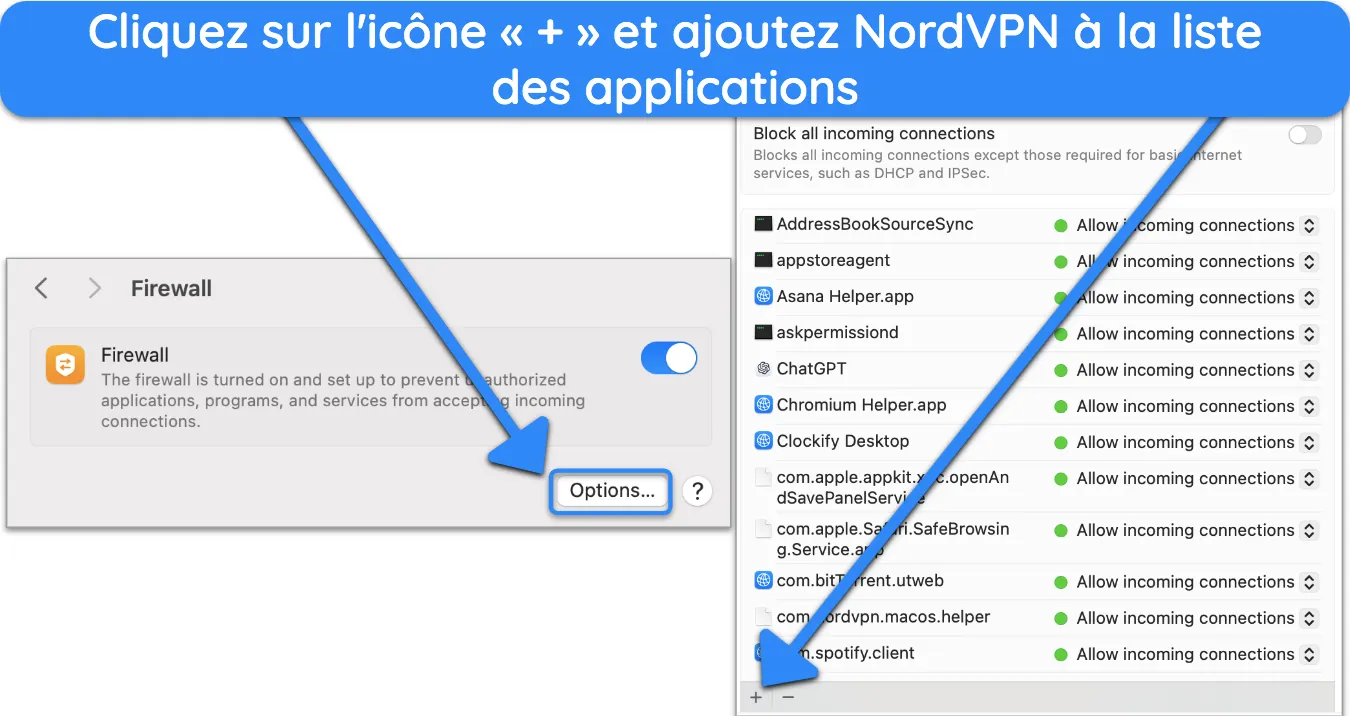 Capture d'&eacute;cran des param&egrave;tres du pare-feu sur macOS.