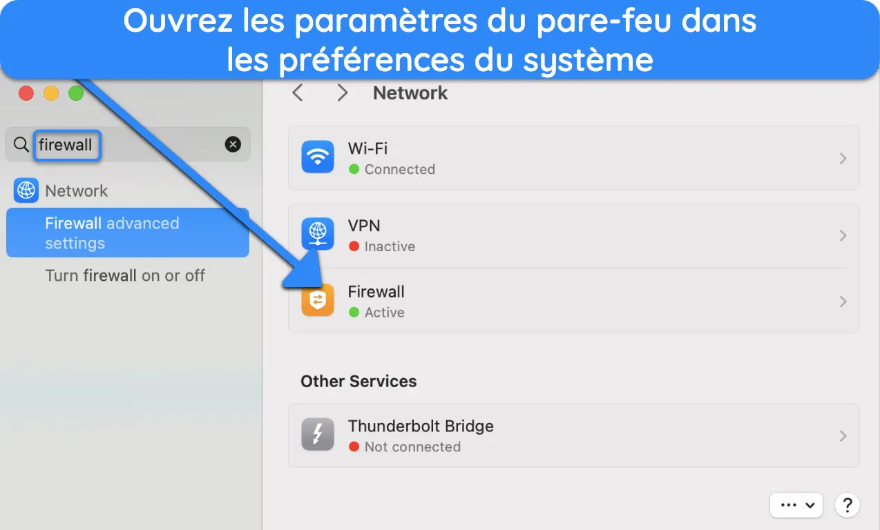 Capture d'&eacute;cran montrant comment acc&eacute;der aux param&egrave;tres du pare-feu sur Mac.