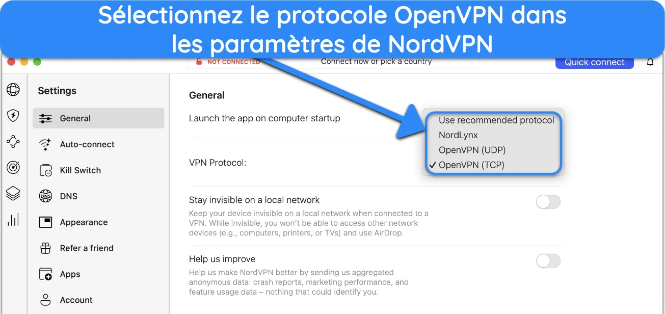 Capture d'&eacute;cran montrant comment s&eacute;lectionner OpenVPN sur l'application Mac de NordVPN.