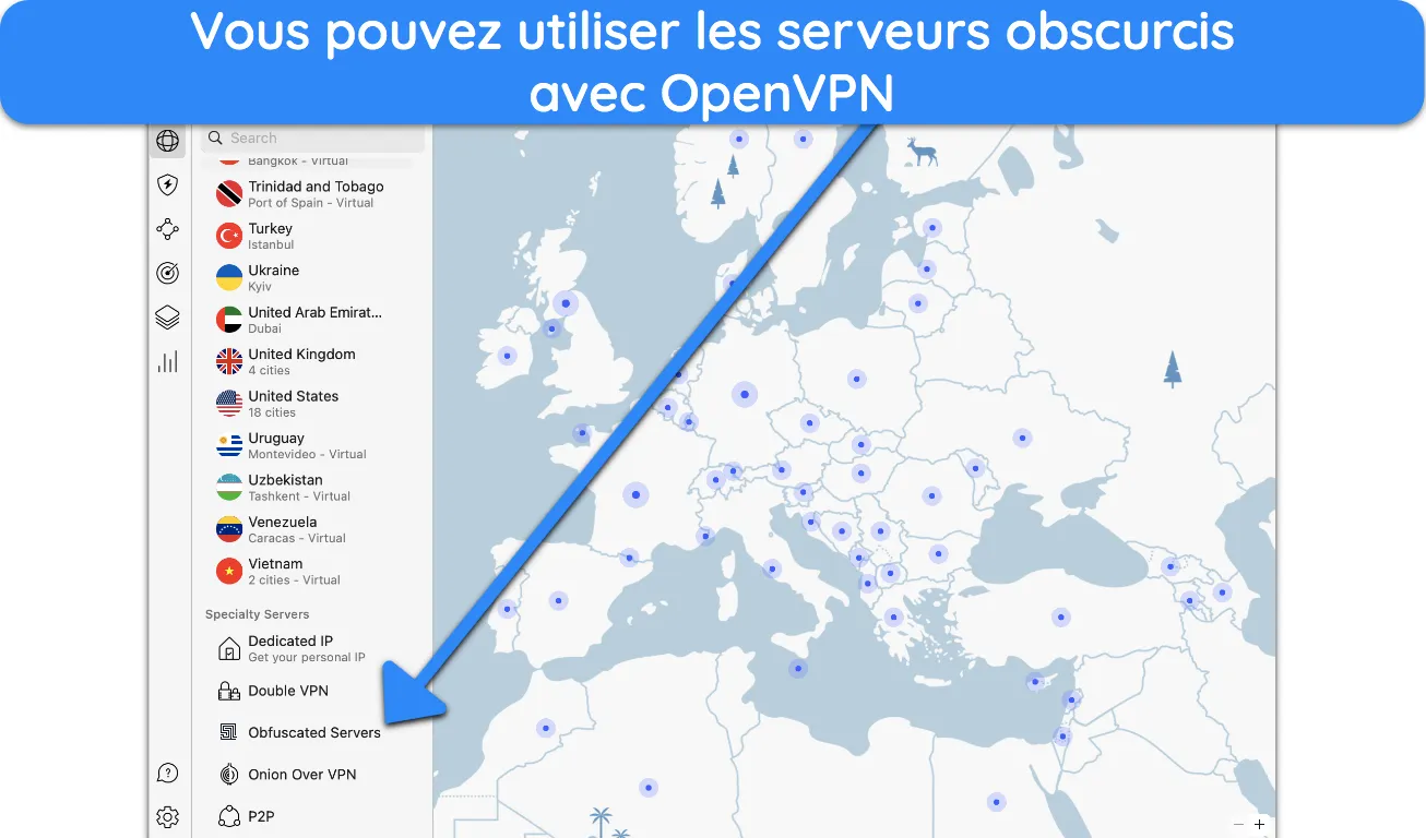 Capture d'&eacute;cran montrant comment se connecter aux serveurs obscurcis de NordVPN.