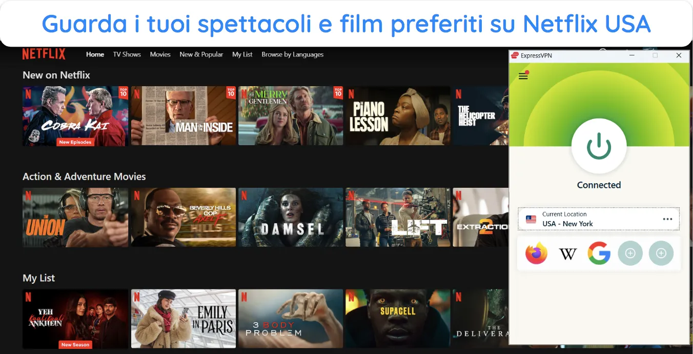 Screenshot che mostra la libreria Netflix USA aperta durante la connessione a un server ExpressVPN negli Stati Uniti.