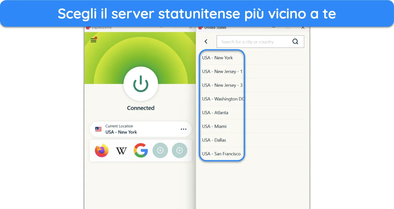 Screenshot che mostra come scegliere un server ExpressVPN negli Stati Uniti.