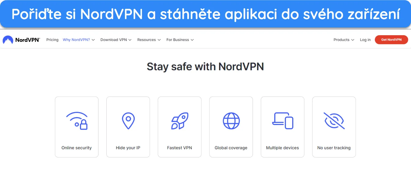 Snímek obrazovky domovské stránky webu NordVPN.