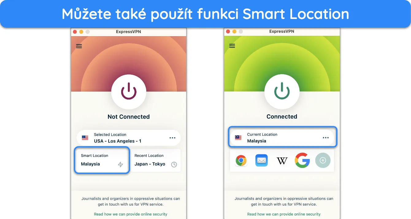 Snímek obrazovky funkce inteligentního umístění ExpressVPN.