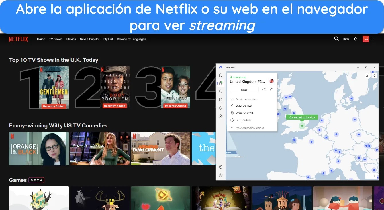 Imagen de Netflix UK en una ventana del navegador con NordVPN conectado a un servidor de Londres-Reino Unido.