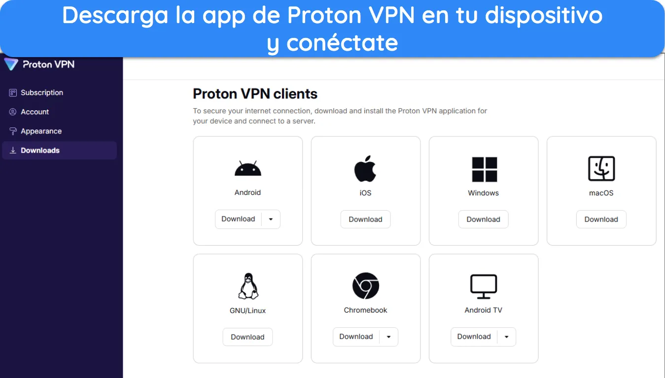 Imagen de la página de la cuenta de Proton VPN que muestra las aplicaciones disponibles para descargar en diferentes dispositivos.